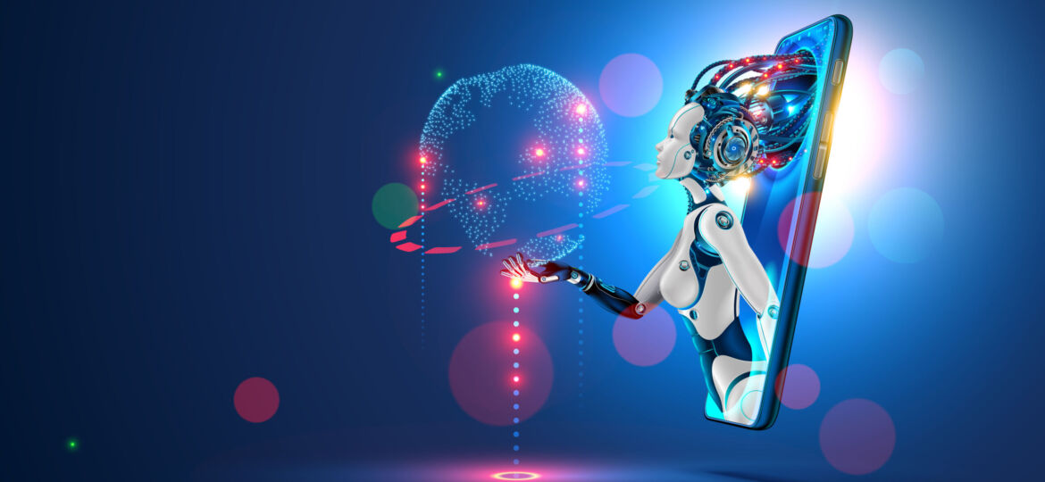 Artificial intelligence provide access to information and data in online networks via smartphone. AI in the form of woman cyborg or bot coming out of the screen phone and offers to use digital mind